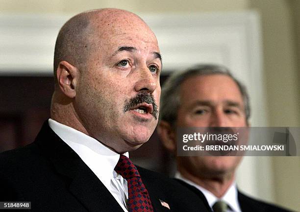 This 03 December shows former New York police commissioner Bernard Kerik speaking after being nominated by US President George W. Bush to become...