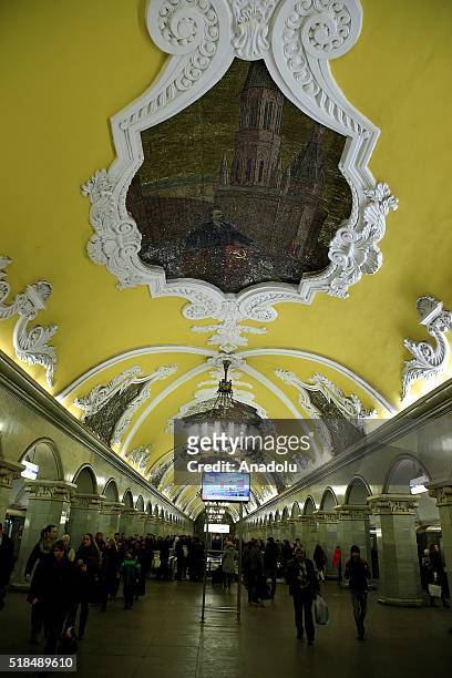 General view of the Komsomolskaya Metro Station in Moscow, Russia on April 01, 2016. The Moscow Metro was one of USSRs most ambitious architectural...