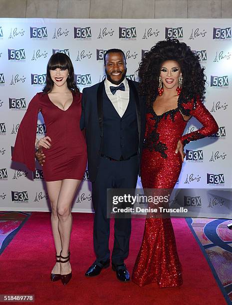 Cast member Shangela of 53X - the new show from the producers of Chippendales poses for a photo with director Bryan Cheatham and Claire Sinclair at...