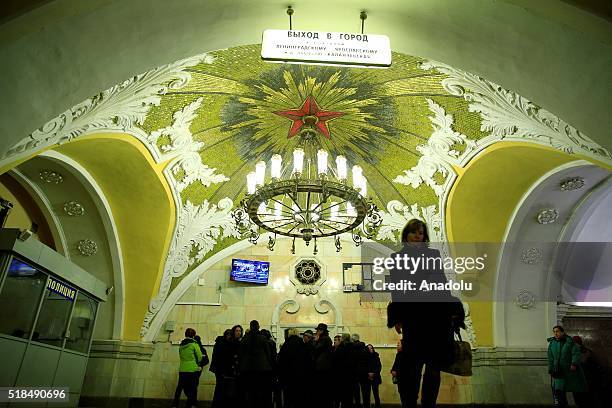 View of the Komsomolskaya Metro Station in Moscow, Russia on April 01, 2016. The Moscow Metro was one of USSRs most ambitious architectural projects....