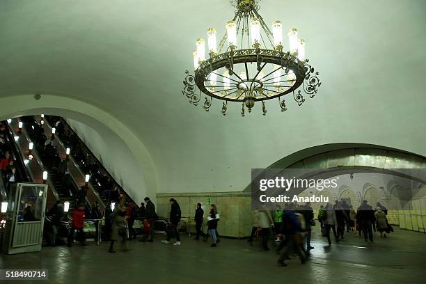 Passengers are seen at the Komsomolskaya Metro Station in Moscow, Russia on April 01, 2016. The Moscow Metro was one of USSRs most ambitious...