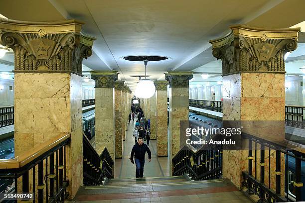 General view of the Komsomolskaya Metro Station in Moscow, Russia on April 01, 2016. The Moscow Metro was one of USSRs most ambitious architectural...