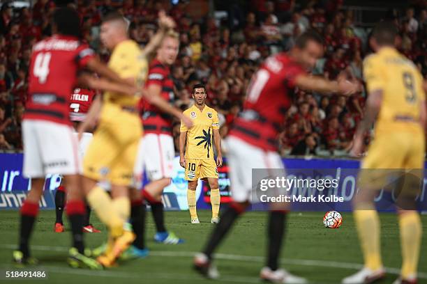 Luis Garcia of the Mariners prepares to take a free kick during the round 26 A-League match between the Western Sydney Wanderers and the Central...