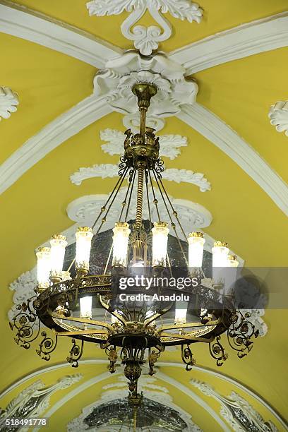 Grand chandelier is seen as a detail at the Komsomolskaya Metro Station in Moscow, Russia on April 01, 2016. The Moscow Metro was one of USSRs most...