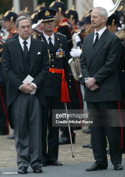 Prince Hans-Adam II of Liechtenstein and King Constantijn of Greece leave the funeral of Dutch Prince Bernhard on December 11, 2004 in Delft, The...