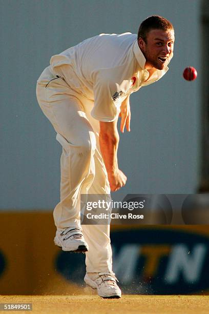 Andrew Flintoff of England bowls during the tour match between South Africa A and England at the Sedgars Park cricket ground on December 11, 2004 in...