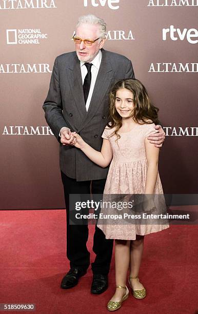 Hugh Hudson and Allegra Allen attend 'Altamira' premiere at Callao cinema on March 31, 2016 in Madrid, Spain.