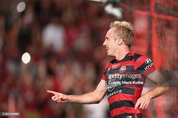 Mitch Nichols of the Wanderers celebrates scoring a goal during the round 26 A-League match between the Western Sydney Wanderers and the Central...