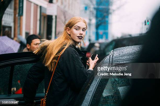 Danish model Lululeika Ravn Liep enters her car after the Rodarte show during New York Fashion Week: Women's Fall/Winter 2016 on February 16, 2016 in...