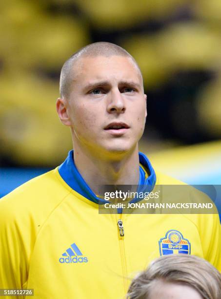 Swedens defender Victor Nilsson Lindelöf is pictured ahead of a friendly football match between Sweden and Czech Republic at the Friends Arena in...