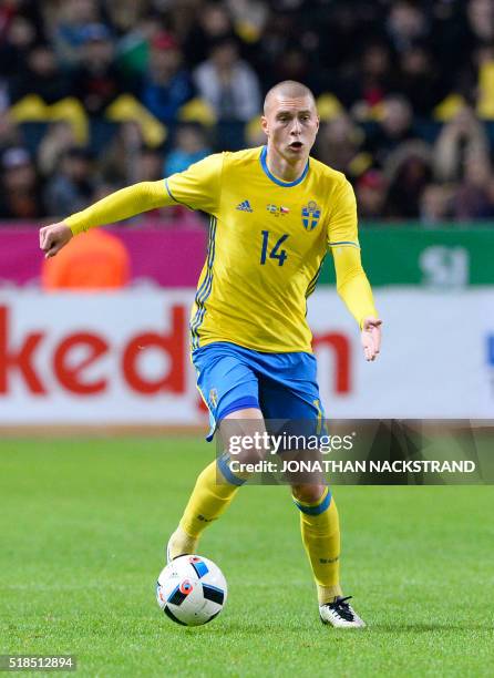 Swedens defender Victor Nilsson Lindelöf controls the ball during a friendly football match between Sweden and Czech Republic at the Friends Arena in...