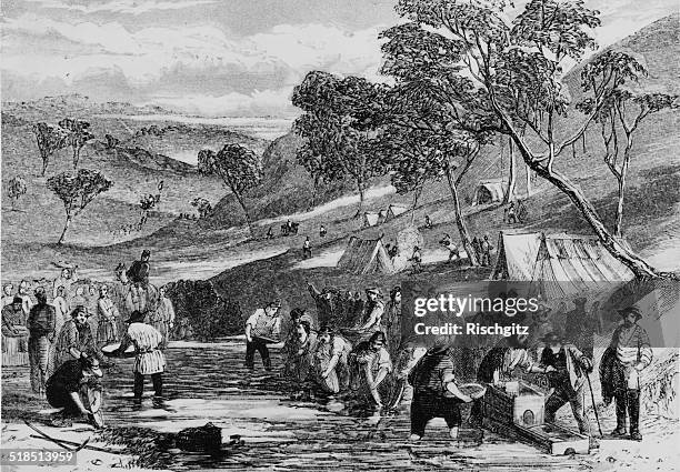 Gold mining operations on the Mount Alexander Goldfield near Port Phillip, during the Australian gold rush, Victoria, Australia, circa 1855.