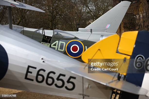 Parts of a full-scale replica of a Eurofighter Typhoon , a World War 2 Spitfire Mk XVI and a Sopwith Snipe are seen as they are displayed at Horse...