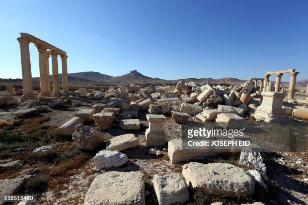 View of the remains of Baalshmin temple, which was destroyed by jihadists of the Islamic State group in 2015, in the Syrian ancient city of Palmyra...