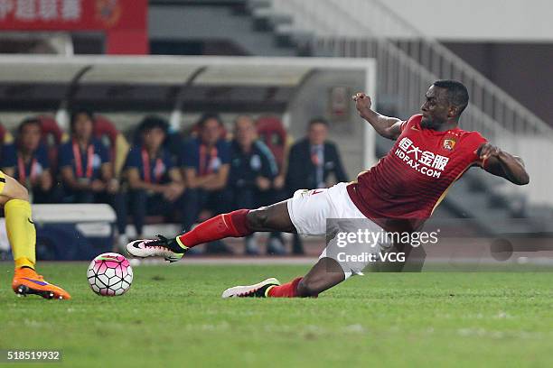 Jackson Martinez of Guangzhou Evergrande kicks the ball during the round three match of CSL Chinese Football Association Super League between...