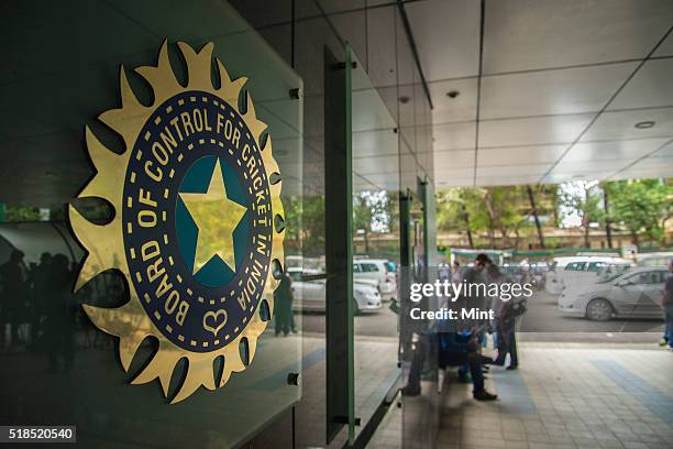 View of logo of the Board of Control for Cricket in India during a Council meeting of the Indian Premier League at BCCI headquarters on July 19, 2015...