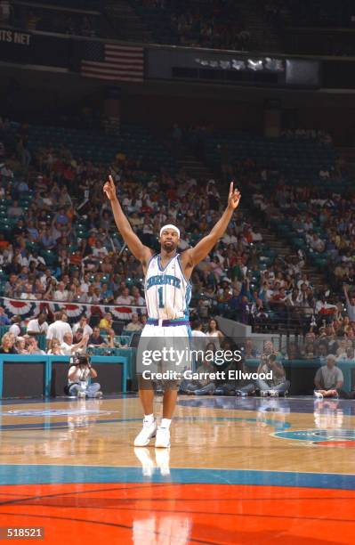 Charlotte, NC Baron Davis of the Charlotte Hornets celebrates against the New Jersey Nets during game 3 of the Eastern Conference semifinals at the...