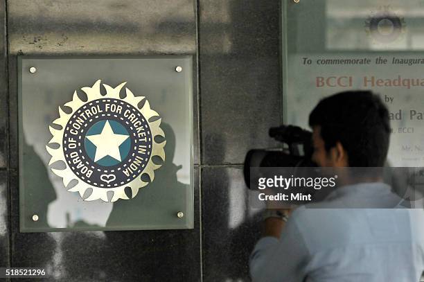 View of logo of the Board of Control for Cricket in India during a Council meeting of the Indian Premier League at BCCI headquarters on July 19, 2015...