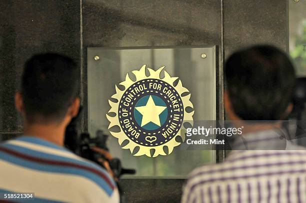 View of logo of the Board of Control for Cricket in India during a Council meeting of the Indian Premier League at BCCI headquarters on July 19, 2015...