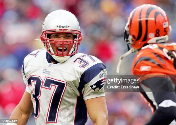 Rodney Harrison of the New England Patriots talks to Chad Johnson of the Cincinnati Bengals after Johnson was unable to catch a ball in the end zone...