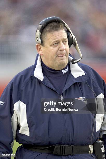Offensive Coordinator Charlie Weis of the New England Patriots during the game against the Cincinnati Bengals at Gillette Stadium on December 12,...