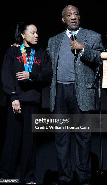 Comedian Bill Cosby introduces Temple women's basketball coach Dawn Staley at Temple University's Liacouras Center for the world premiere of "Fat...