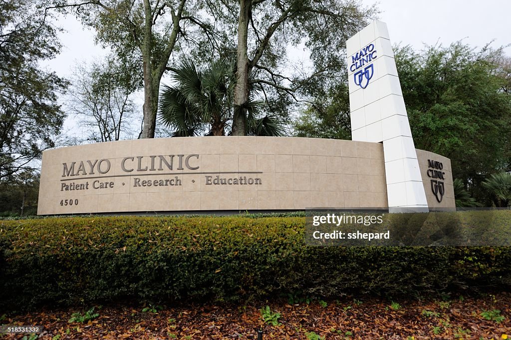 Looking up at Mayo Clinic sign