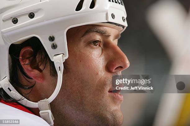 Todd Bertuzzi of the Vancouver Canucks looks on from the bench during the Brad May and Friends Hockey Challenge at the Pacific Coliseum on December...