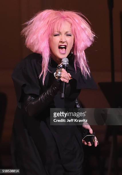 Cyndi Lauper performs onstage at Michael Dorf Presents - The Music of David Bowie at Carnegie Hall at Carnegie Hall on March 31, 2016 in New York...
