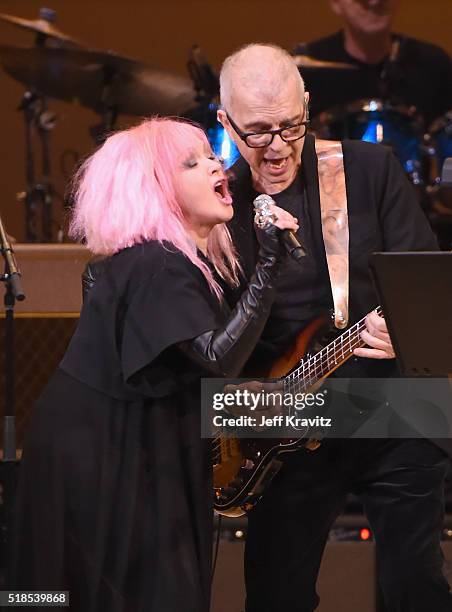 Cyndi Lauper and Tony Visconti perform "Suffragette City" onstage at Michael Dorf Presents - The Music of David Bowie at Carnegie Hall at Carnegie...