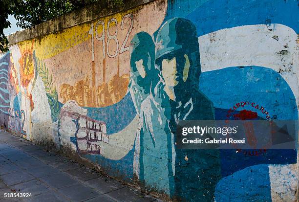 Mural to symbolise Malvinas Islands war is seen on March 31, 2016 in Buenos Aires, Argentina. On April 02, 1982 Leopoldo Fotunato Galtieri, de facto...