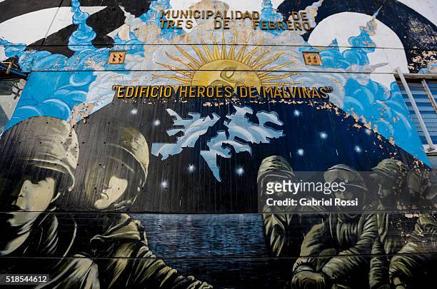 Malvinas Islands themed mural by Argentine artist Martin Ron is seen at Tres de Febrero city hall on March 31, 2016 in Caseros, Argentina. On April...