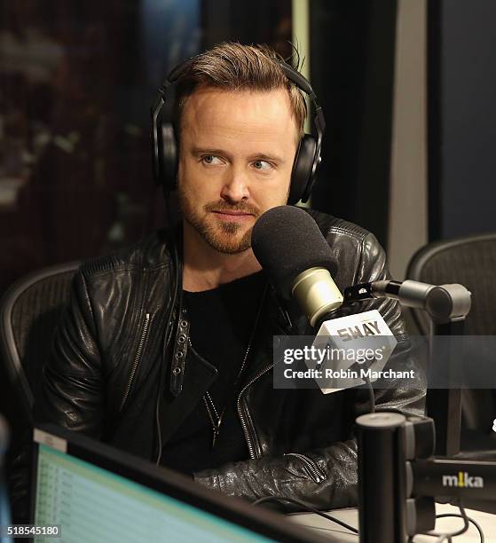 Aaron Paul visits 'Sway in the Morning' with Sway Calloway on Eminem's Shade 45 at SiriusXM Studio on April 1, 2016 in New York City.