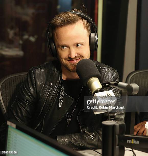 Aaron Paul visits 'Sway in the Morning' with Sway Calloway on Eminem's Shade 45 at SiriusXM Studio on April 1, 2016 in New York City.