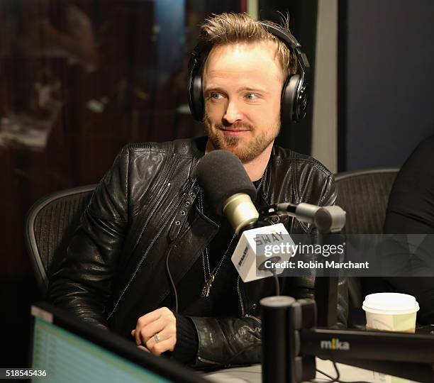 Aaron Paul visits 'Sway in the Morning' with Sway Calloway on Eminem's Shade 45 at SiriusXM Studio on April 1, 2016 in New York City.