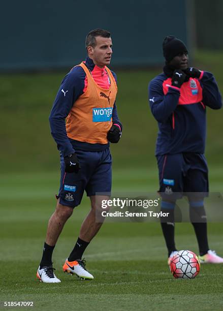 Steven Taylor looks to pass the ball during the Newcastle United Training session at The Newcastle United Training Centre on April 1 in Newcastle...