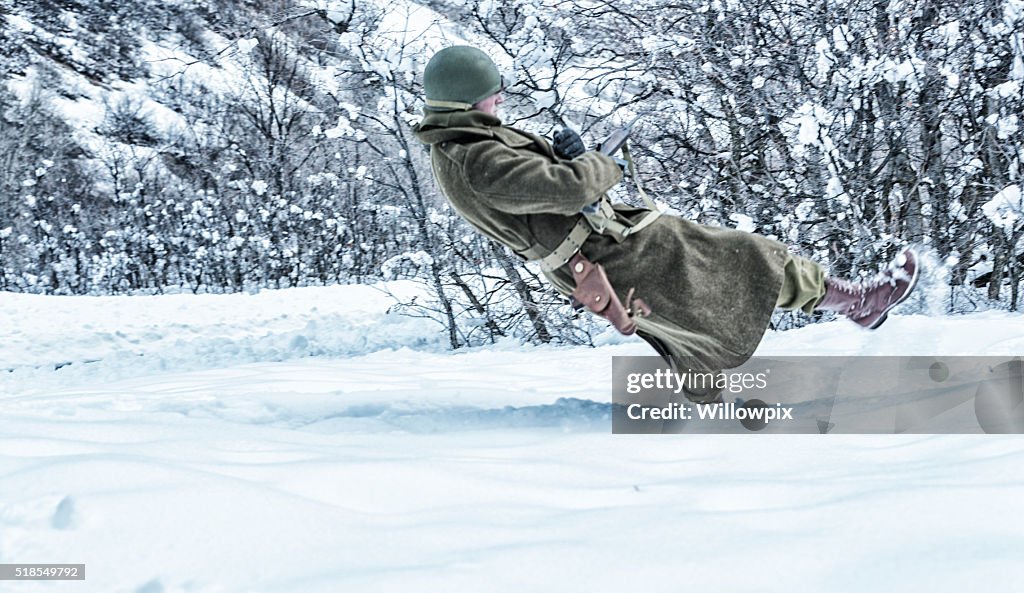 Falling WWII US Army Combat Soldier Shot By Enemy Ambush