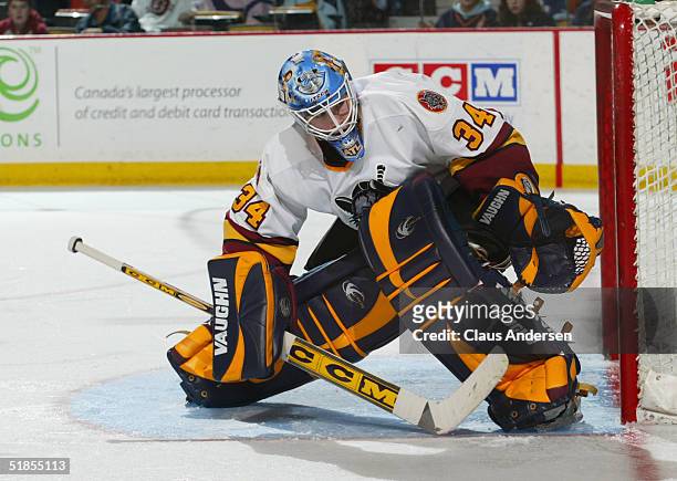 Kari Lehtonen of the Chicago Wolves eyes the puck behind the goal line against the Hamilton Bulldogs during the American Hockey League game at Copps...