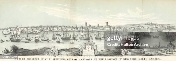 Partially colored engraving from 1853 shows the southern end of Manhattan Island from across the East River as a thriving port city and commercial...