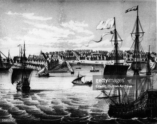 View of the settlement and harbor of New York shows docks and ships along the bustling waterfront three years after it was acquired by the English...