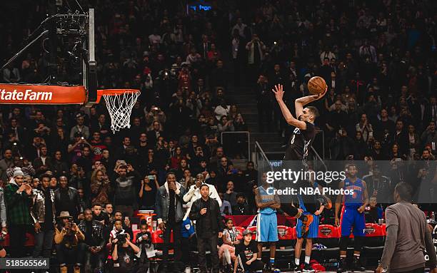 Zach LaVine of the Minnesota Timberwolves dunks the ball during the Verizon Slam Dunk Contest during State Farm All-Star Saturday Night as part of...