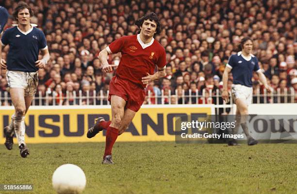 Liverpool player Kevin Keegan in action as Everton defenders Mike Lyons and Mike Pejic look on during an FA Cup semi final match played at Maine Road...