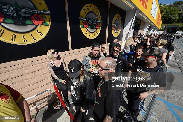 Fans wait in line as Guns N' Roses announce concert and ticket giveaway at Tower Records on April 1, 2016 in West Hollywood, California.