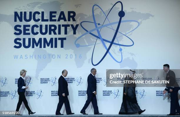 World leaders arrive to take part in the Nuclear Security Summit family photo at the Walter E. Washington Convention Center on April 1, 2016 in...