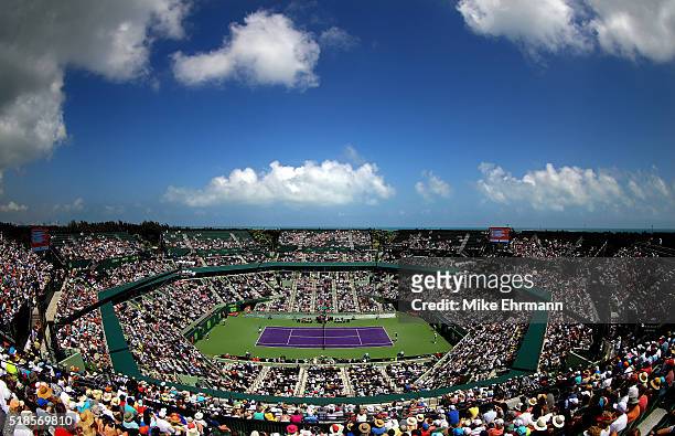General view os Stadium Court during a semifinal match between David Goffin of Belguim and Novak Djokovic of Serbia during Day 12 of the Miami Open...