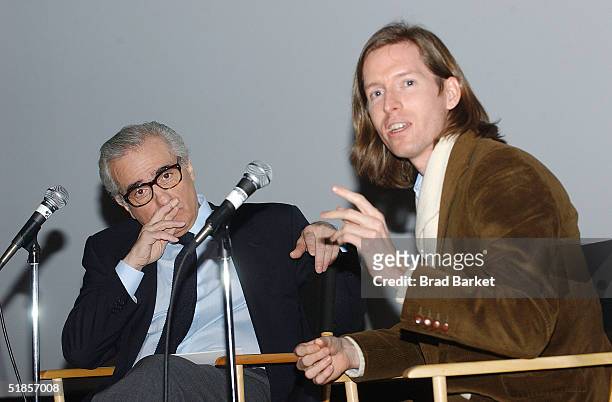 Martin Scorsese and Wes Anderson speak at the AMC Empire 25 Theaters on December 13, 2004 in New York City.