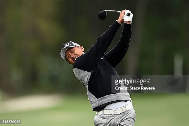Hiroshi Iwata of Japan hits his approach shot on the eighth hole during the second round of the Shell Houston Open at the Golf Club of Houston on...