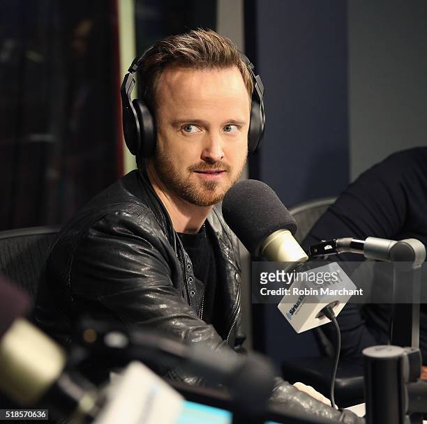 Aaron Paul visits 'Sway in the Morning' with Sway Calloway on Eminem's Shade 45 at SiriusXM Studio on April 1, 2016 in New York City.
