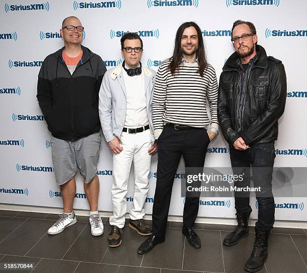 Patrick Wilson, Rivers Cuomo, Brian Bell and Scott Shriner of Weezer visit at SiriusXM Studio on April 1, 2016 in New York City.