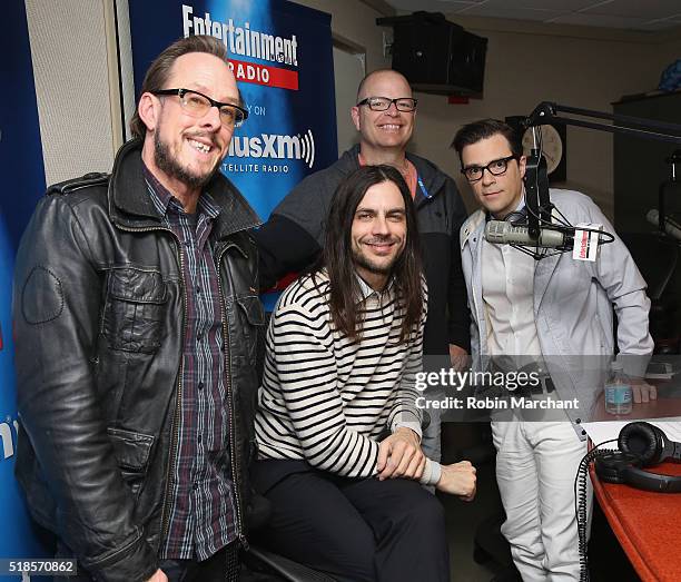 Scott Shriner, Patrick Wilson, Brian Bell and Rivers Cuomo of Weezer visit Entertainment Weekly Radio at SiriusXM Studio on April 1, 2016 in New York...